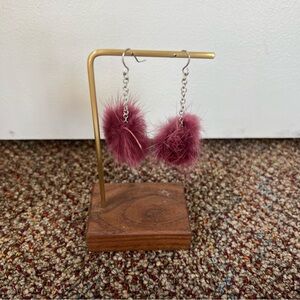 Purple wine merlot fuzzy puff ball earrings dangle fur soft lightweight unique